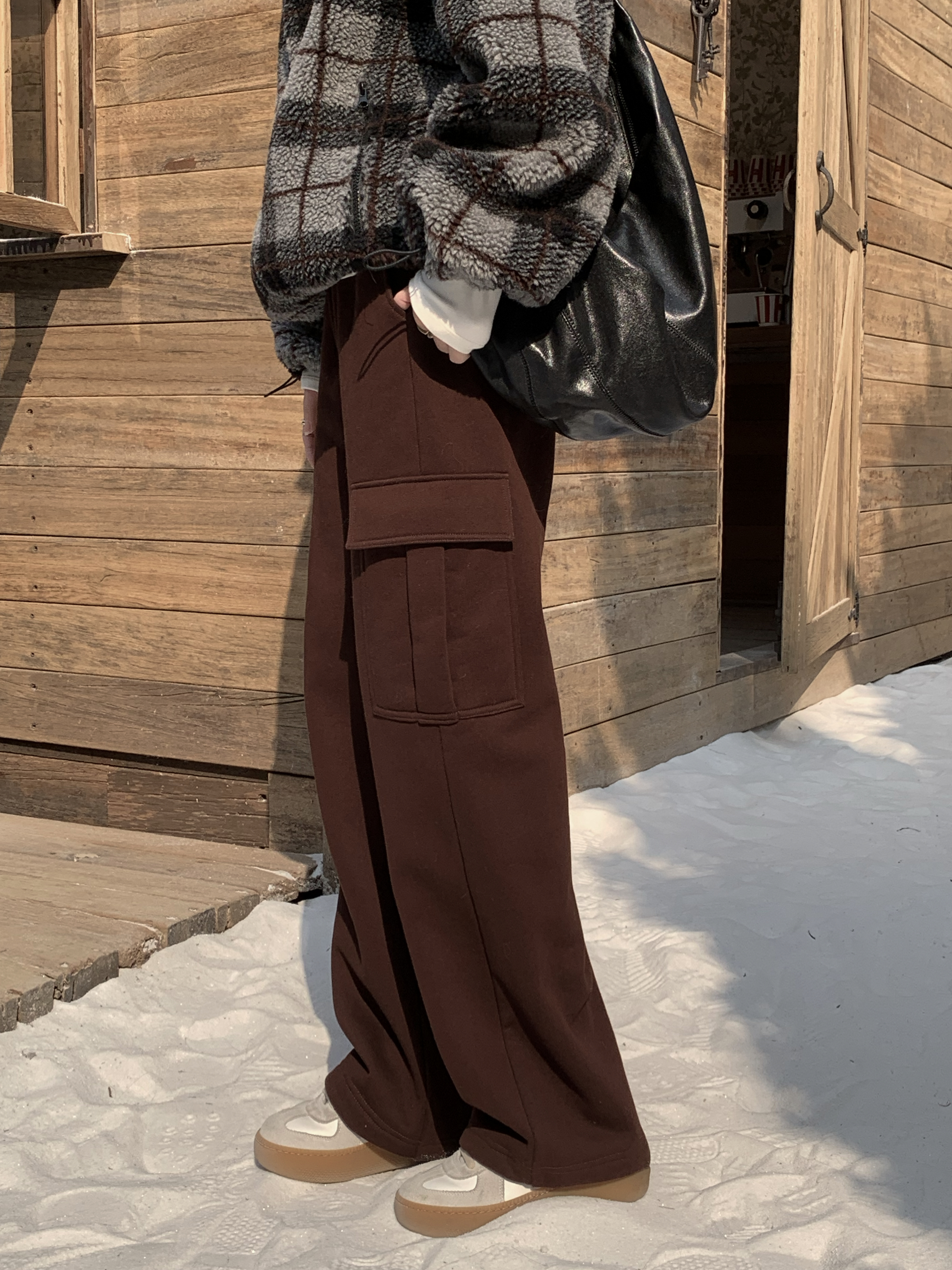 NINGLYNN STUDIO【曼斯】阔腿工装裤大口袋加绒松紧腰直筒裤 360967