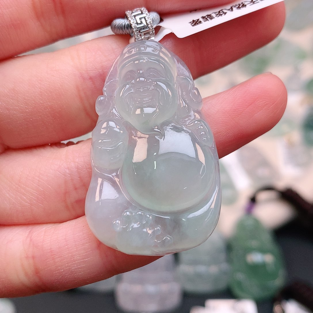 翡翠颈饰18K金镶嵌冰绿财神46.3、39、24.5、6