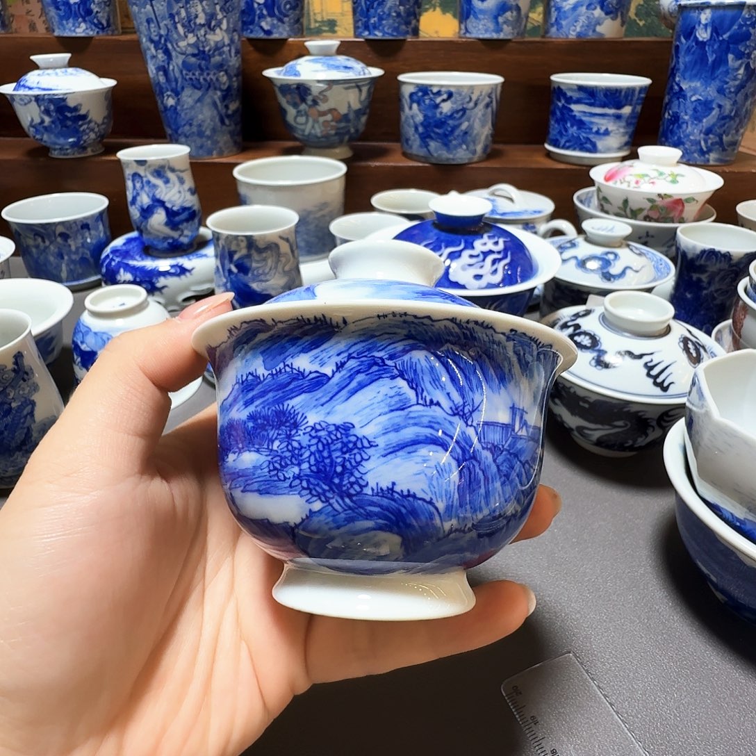 泥塑山水盖碗手工手绘