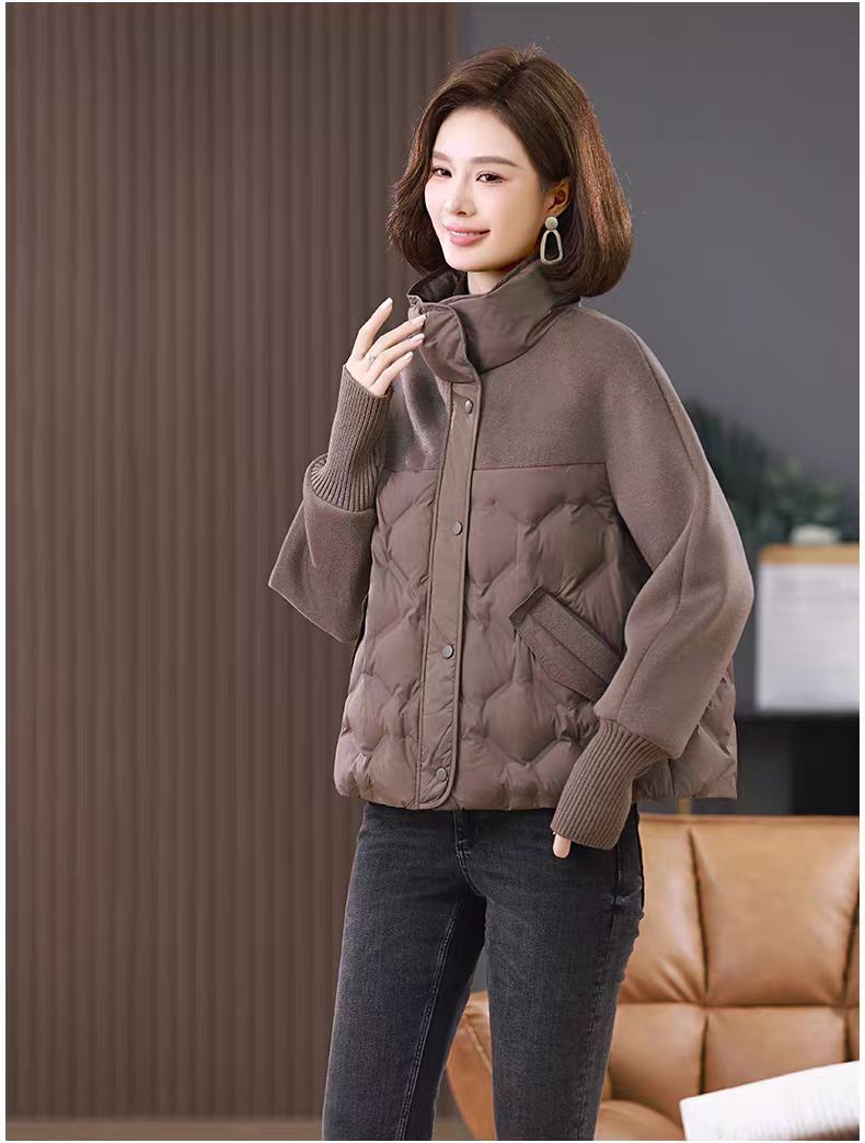 22191 韩版显瘦短款冬季新款设计感毛呢拼接立领宽松外套