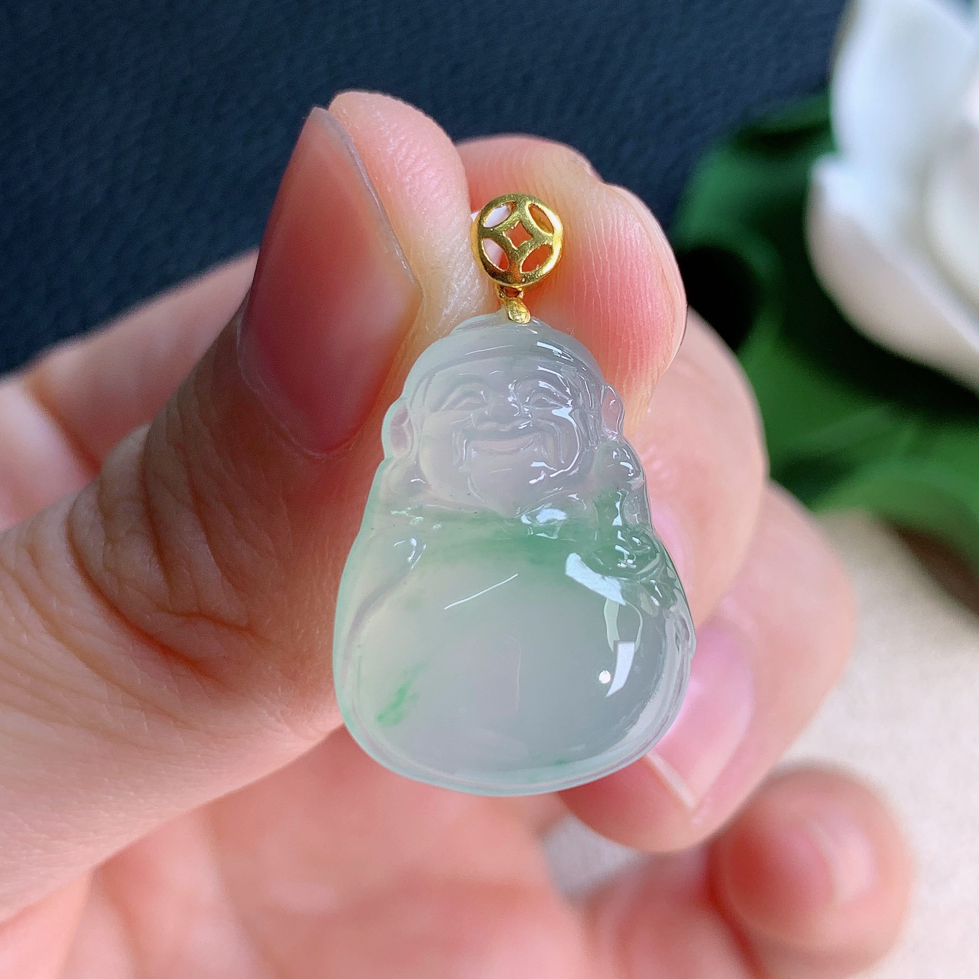 缅甸天然翡翠A货老坑冰种飘绿财神吊坠精品时尚气质21.3*16.4*6.6