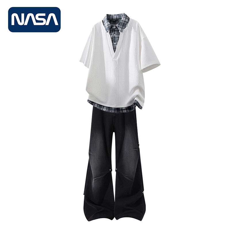 NASA套装男士男生男装夏季痞帅牛仔裤一整套两件套潮牌宽松穿搭