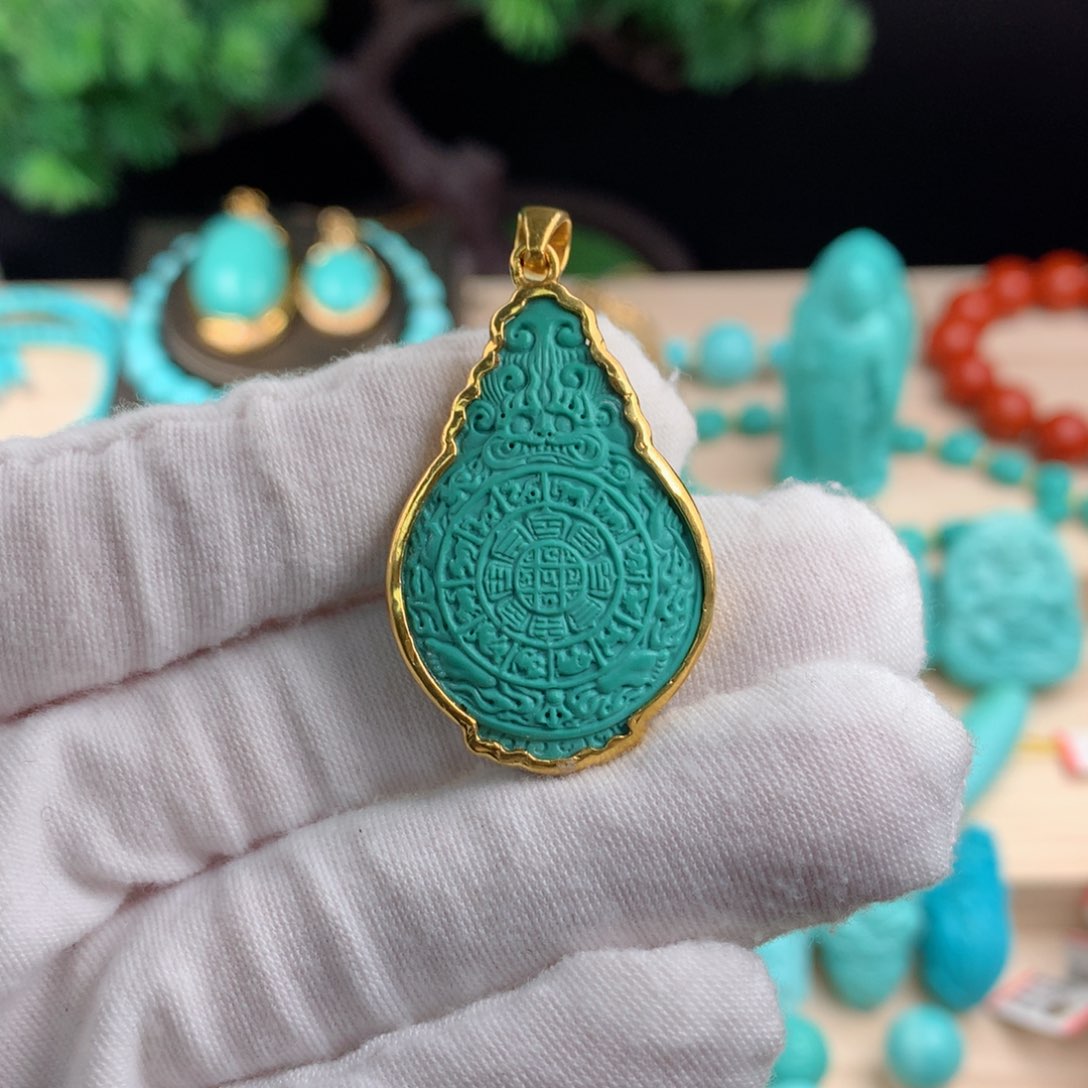 绿松石九宫八卦牌足金镶嵌