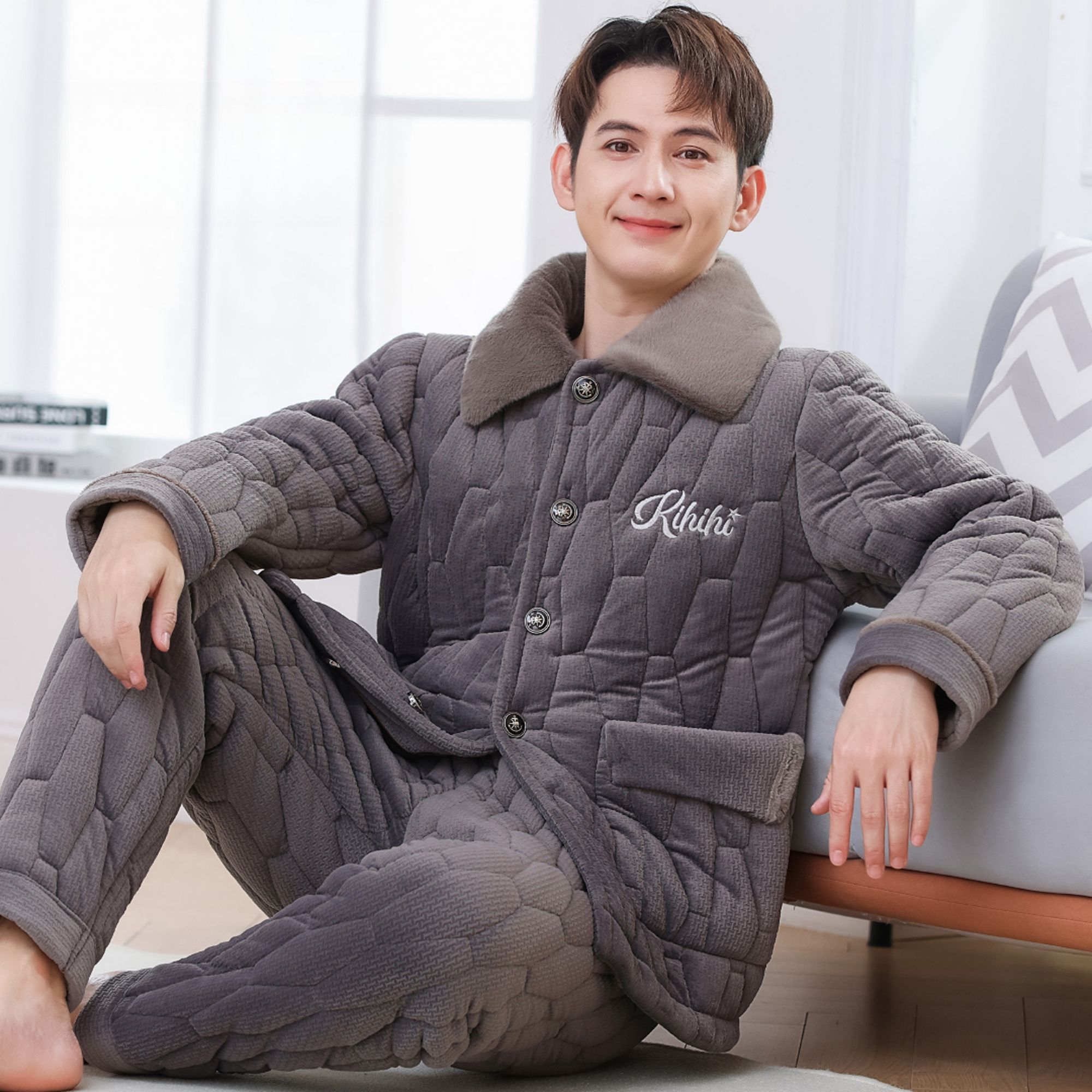 【新A129冬季加大新款特厚睡衣】男士冬季加绒加厚睡衣家居服可外穿