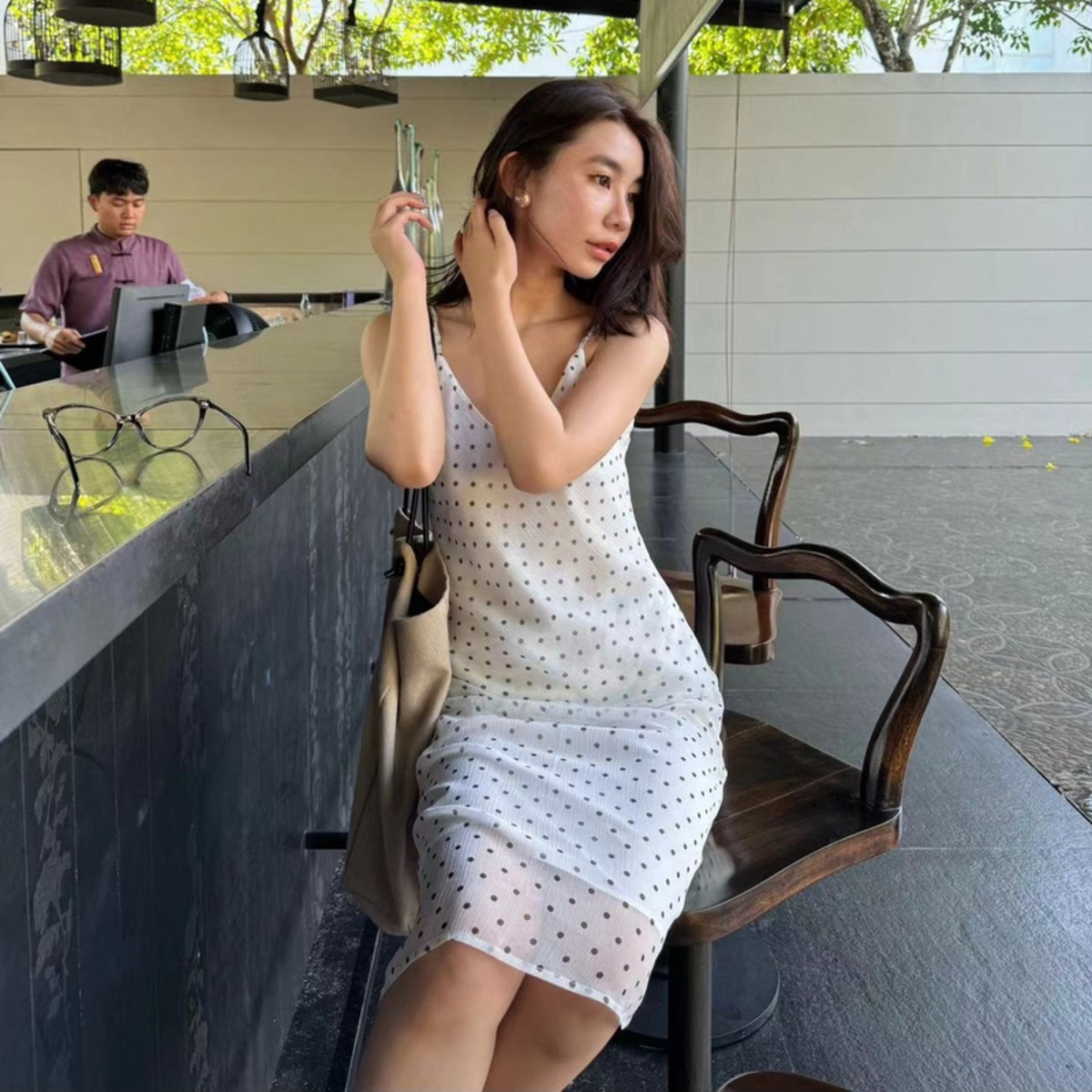 Call me Blue 满分桑蚕丝法式简约基础百搭波点吊带半裙套装