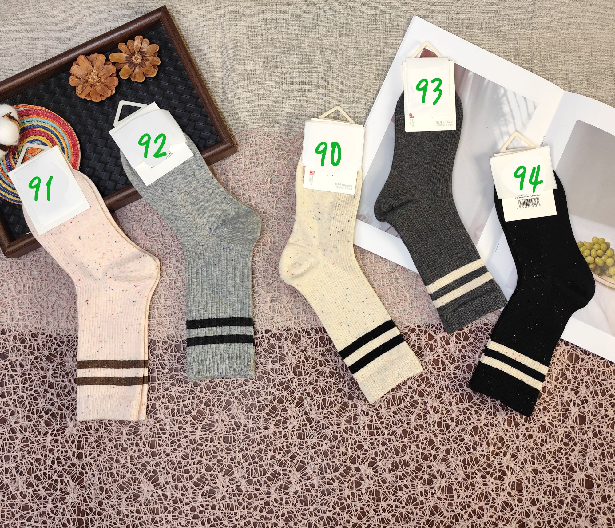 彩色棉纱5双装组合条纹高筒女袜