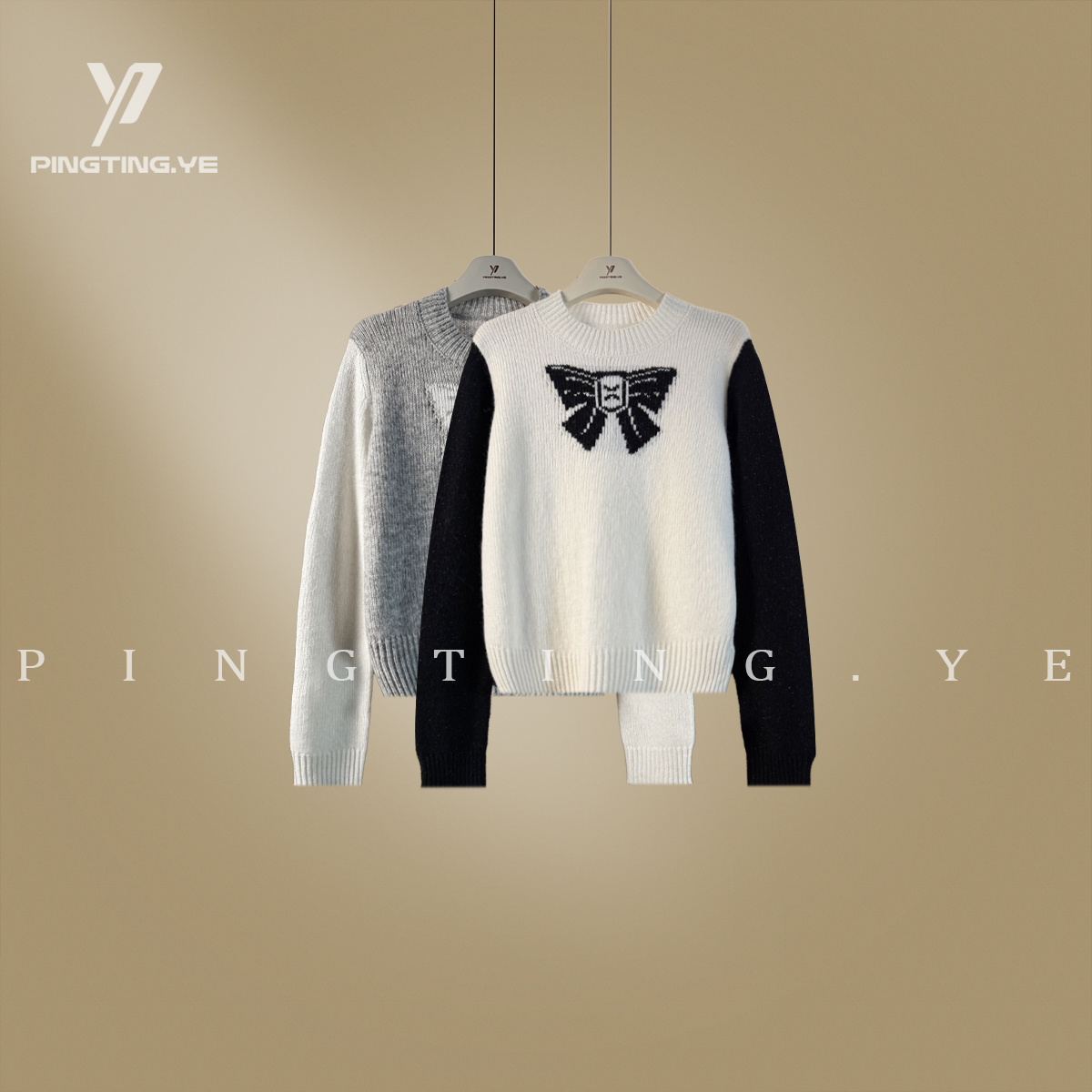 PINGTING.YE“羊驼羊毛”拼色蝴蝶结提花设计针织毛衣PT4413
