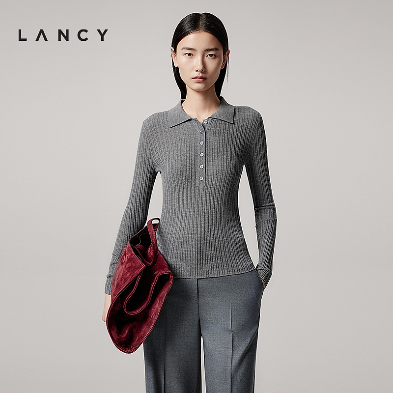 【100%羊毛】LANCY/朗姿2025秋新款修身polo领针织衫内搭打底衫女