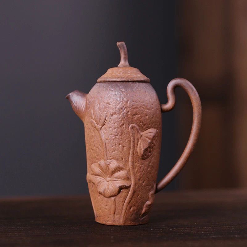 复古粗陶清水烧手工浮雕秀莲壶小容量一人饮可养出彩