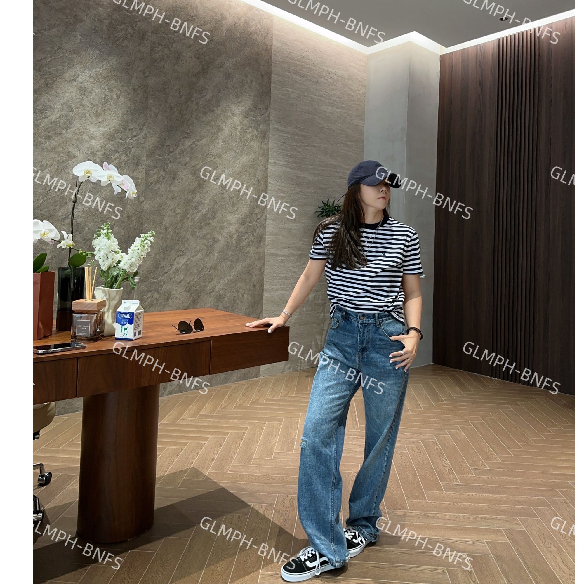 GLMPH-BNFS【小马条纹】复古条纹刺绣修身圆领短袖休闲百搭上衣-870