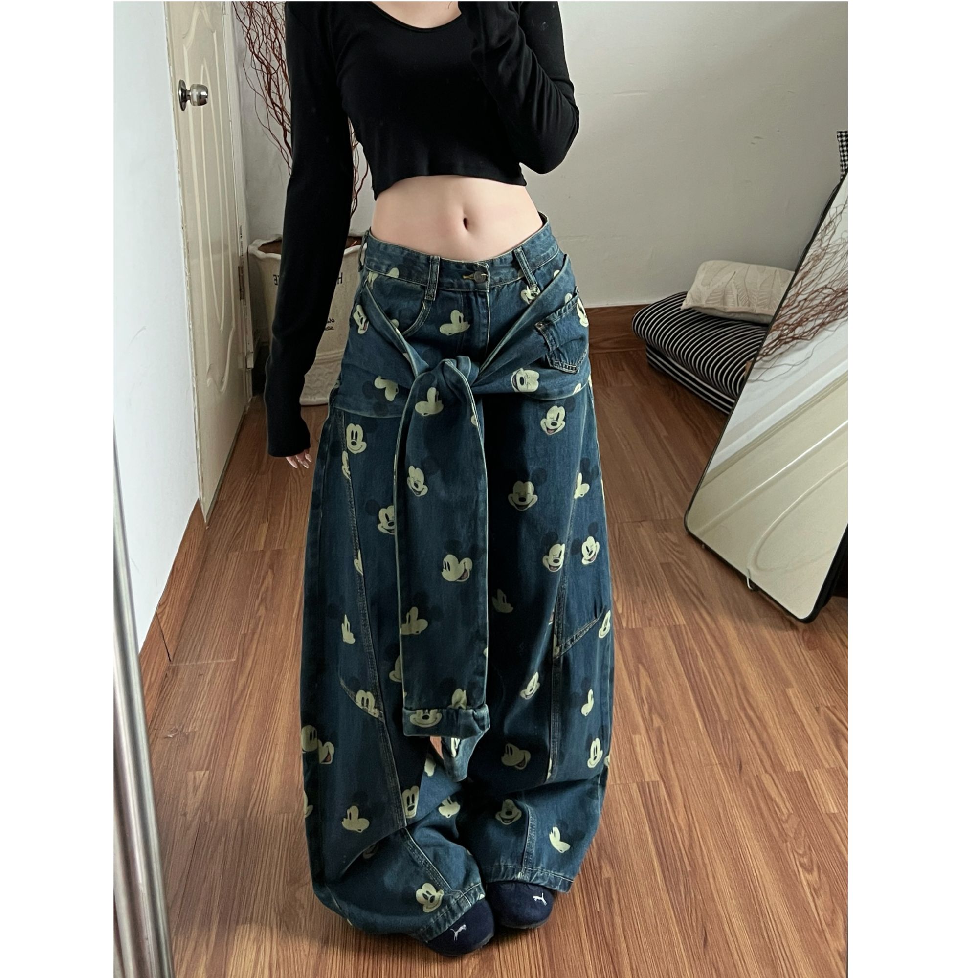 美式复古米奇印花阔腿弯刀牛仔裤女宽松腰带设计百搭通勤长裤子潮