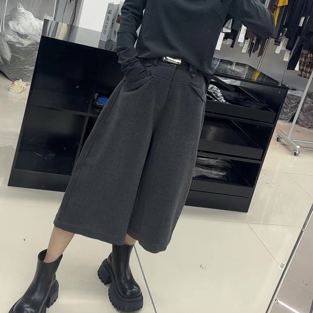翻盖口袋高腰毛呢八分裤休闲裤女宽松休闲百搭