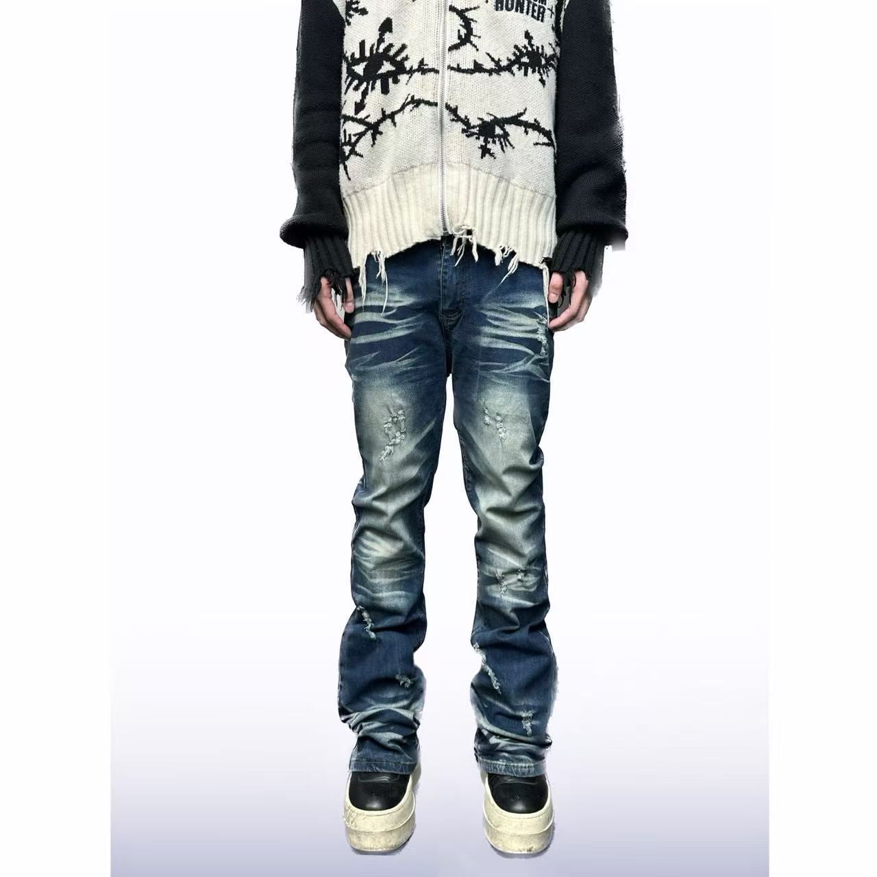 Candyshop 美式复古做旧水洗猫须破坏糜烂堆叠微喇男女情侣牛仔裤