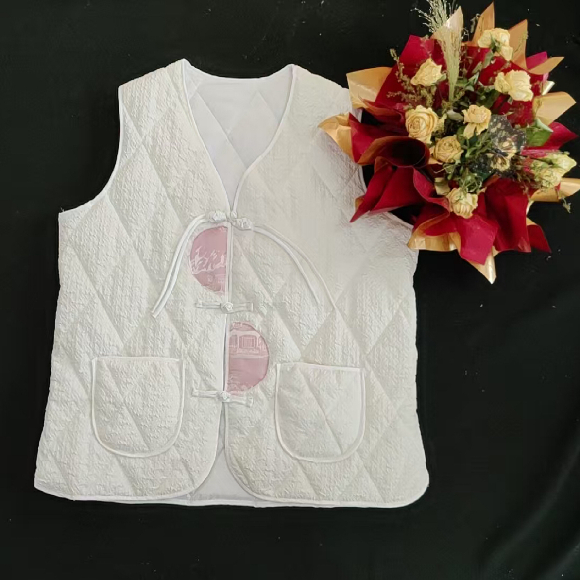 纽扣中老年女装厚款无袖双面常规款冬季短款保暖加绒棉