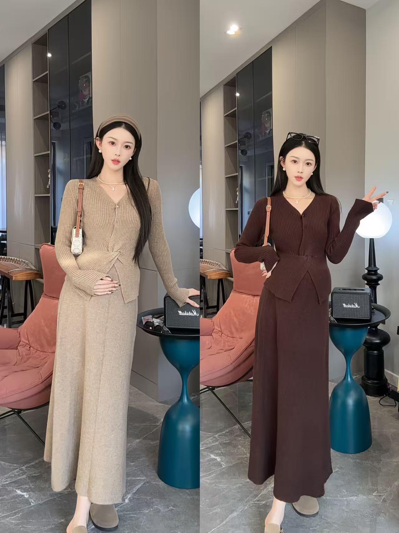 孕妇套装秋冬2025新款韩系深冬穿搭独特针织衫半身裙两件套女