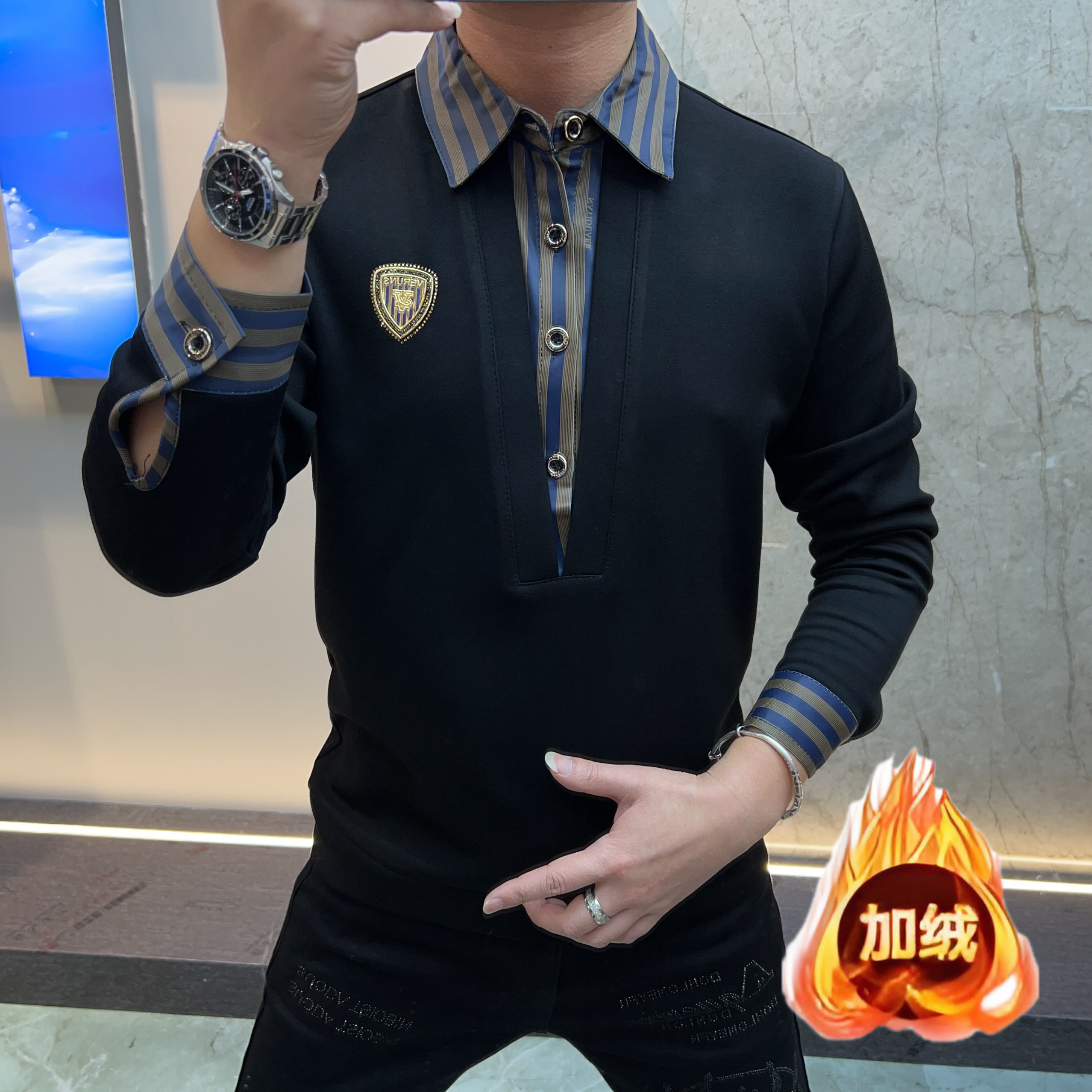 《蓝卡领》欧货男装时尚休闲翻领轻奢空气棉百搭透气上衣潮流修身型