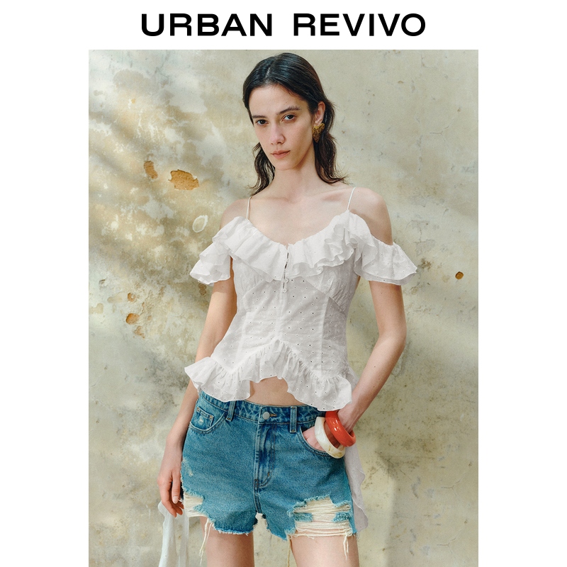 UR2025夏季新款女装荷叶边飘带花朵肌理感吊带衫UWH250118