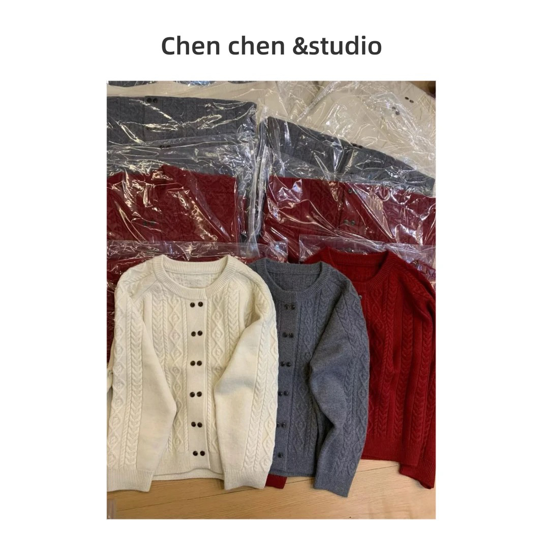 【双排扣简约休闲麻花圆领】针织开衫女冬季宽松百搭毛衣不易起球