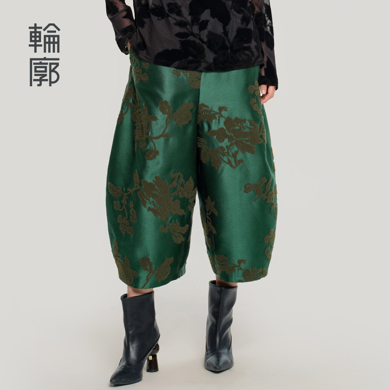 轮廓嘉庆新中式九分花苞裤缎面绣花阔腿裤复古宽松中国风L251K011