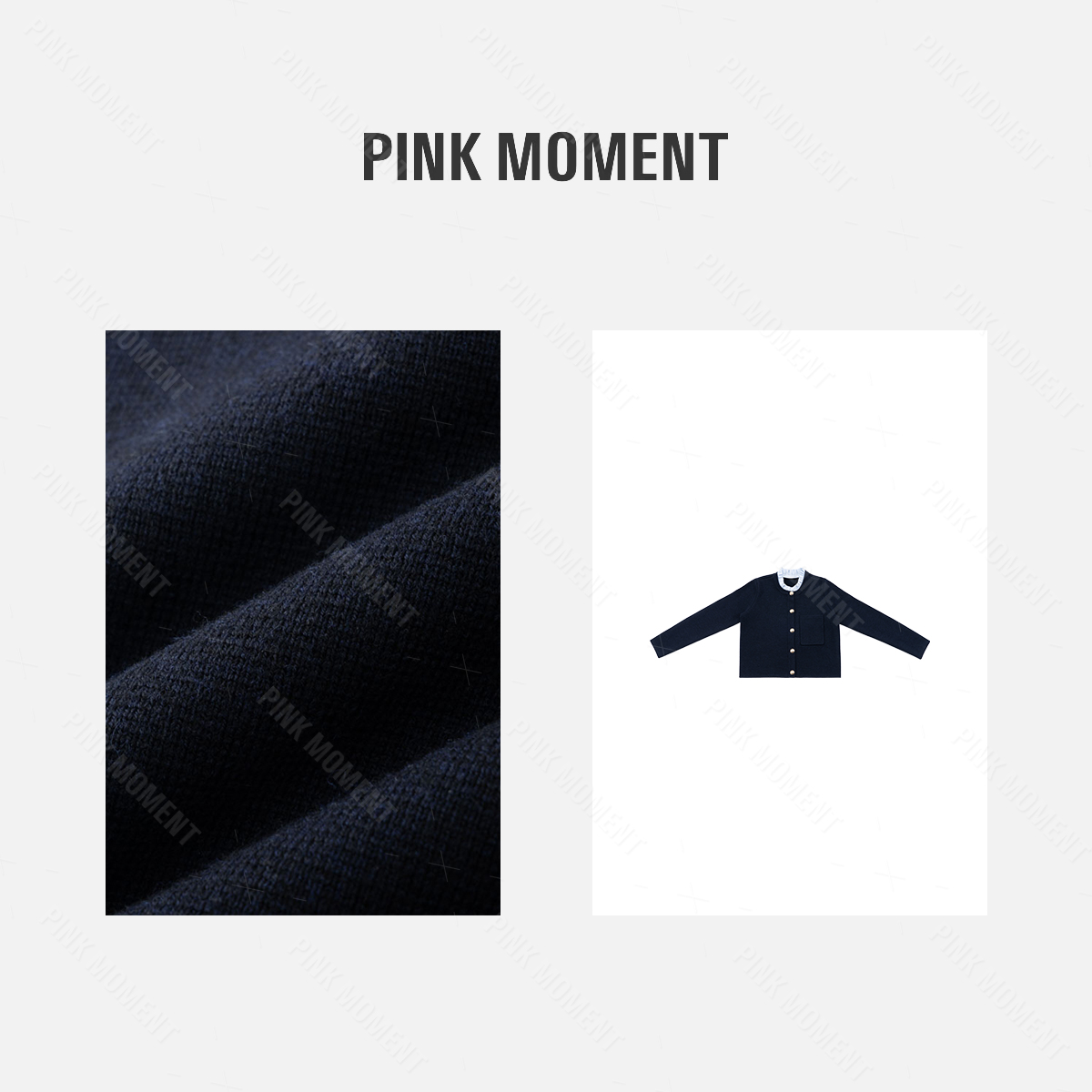 PM王囡囡 藏蓝色拼可拆卸木耳边领排扣针织开衫 ND1C1338