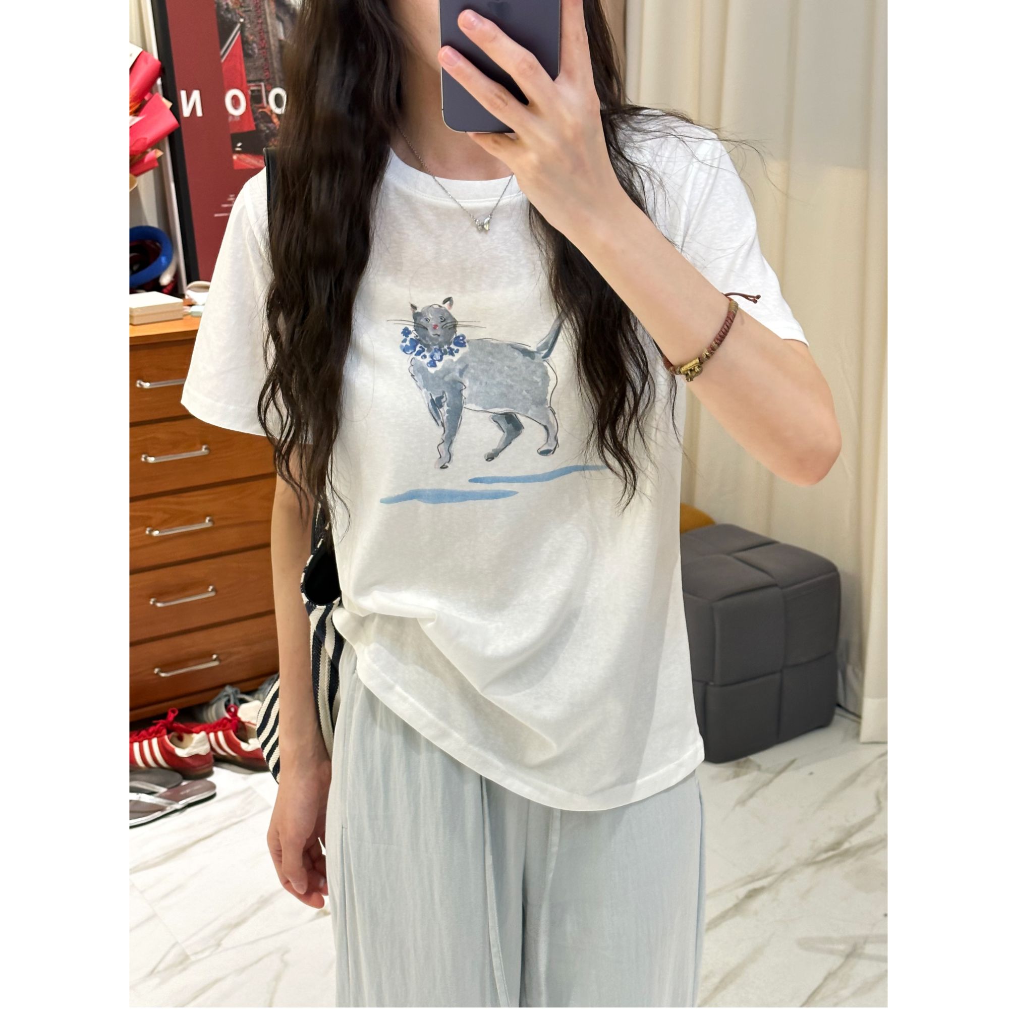 25年夏季新款雪花棉猫咪印花正肩圆领短袖T恤