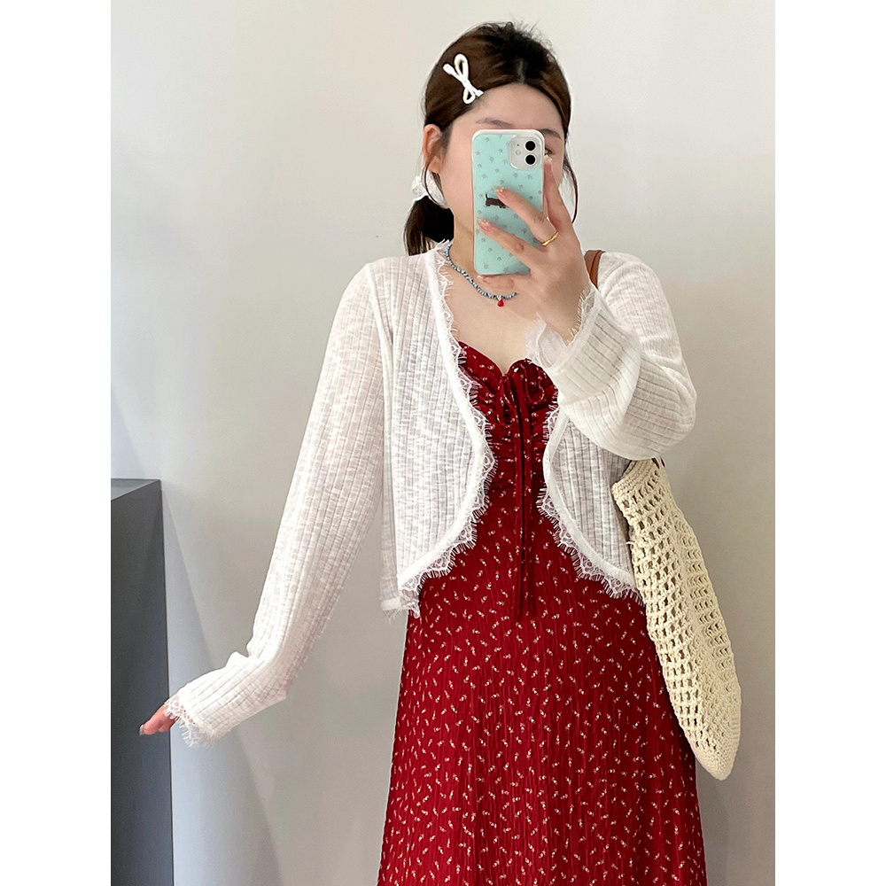 【涵胖胖】清*短款小衫女v领花边上衣2025夏胖mm休闲针织开衫22972