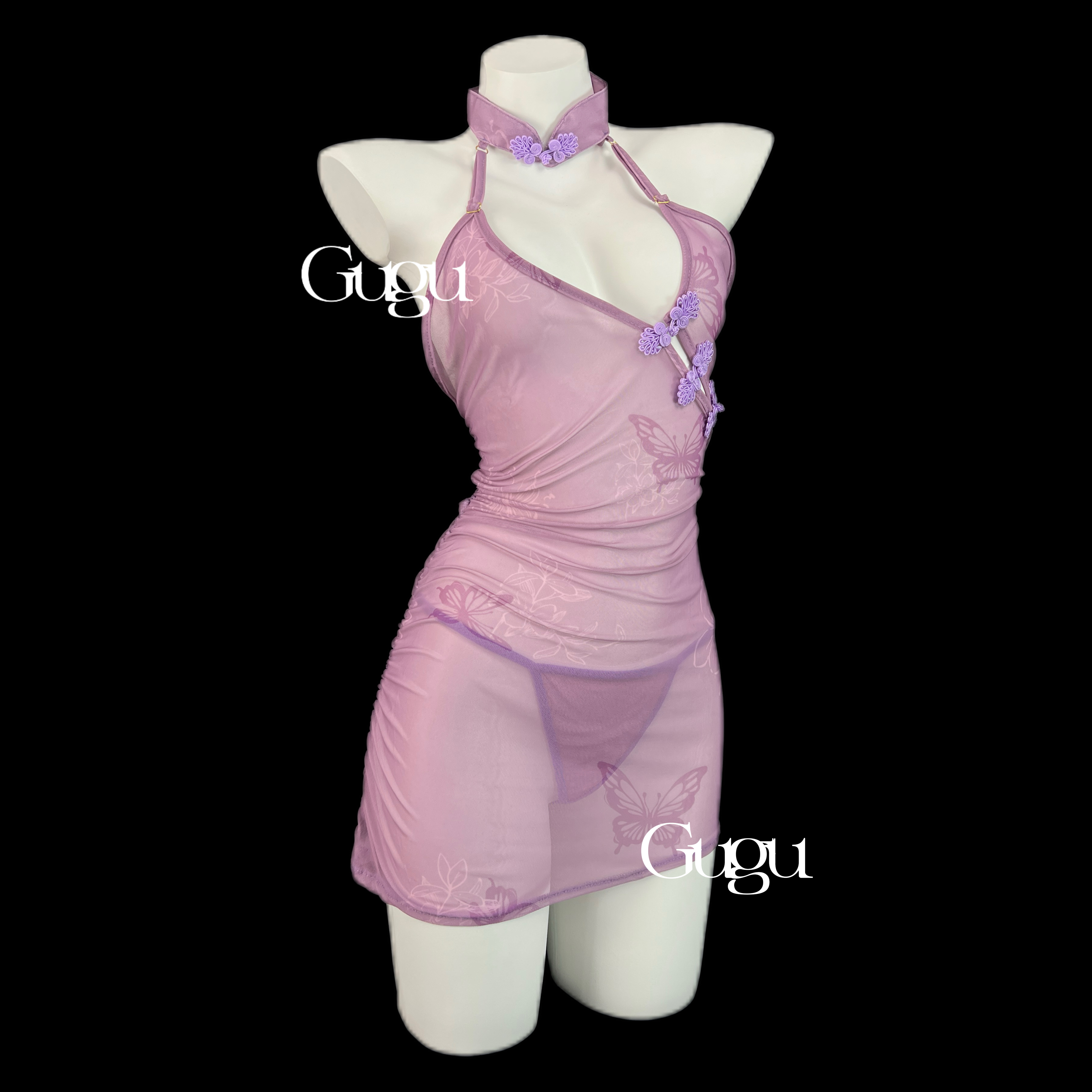 GUGU【幽兰夫人】新中式紫色蝴蝶国风性感睡裙复古情侣趣味cos服
