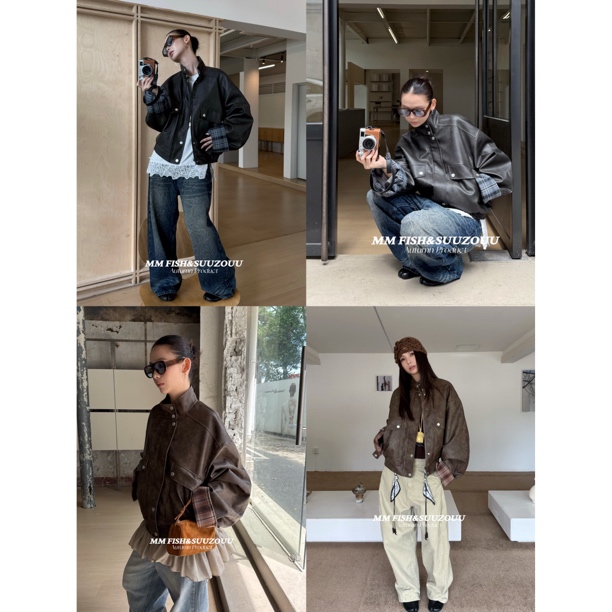 馒头 福 （1mtw487#）袖口格子拼接！大口袋短款皮衣外套 12-28