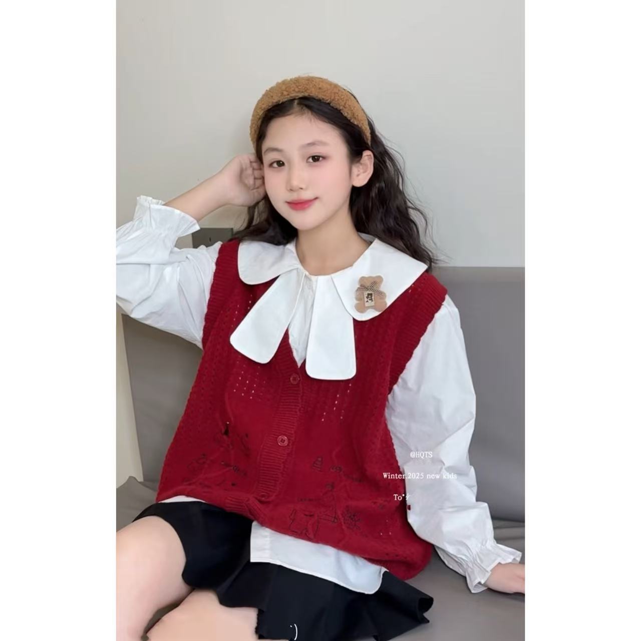 【定制款】女童衬衫针织绣花马甲两件套装长袖Z26205