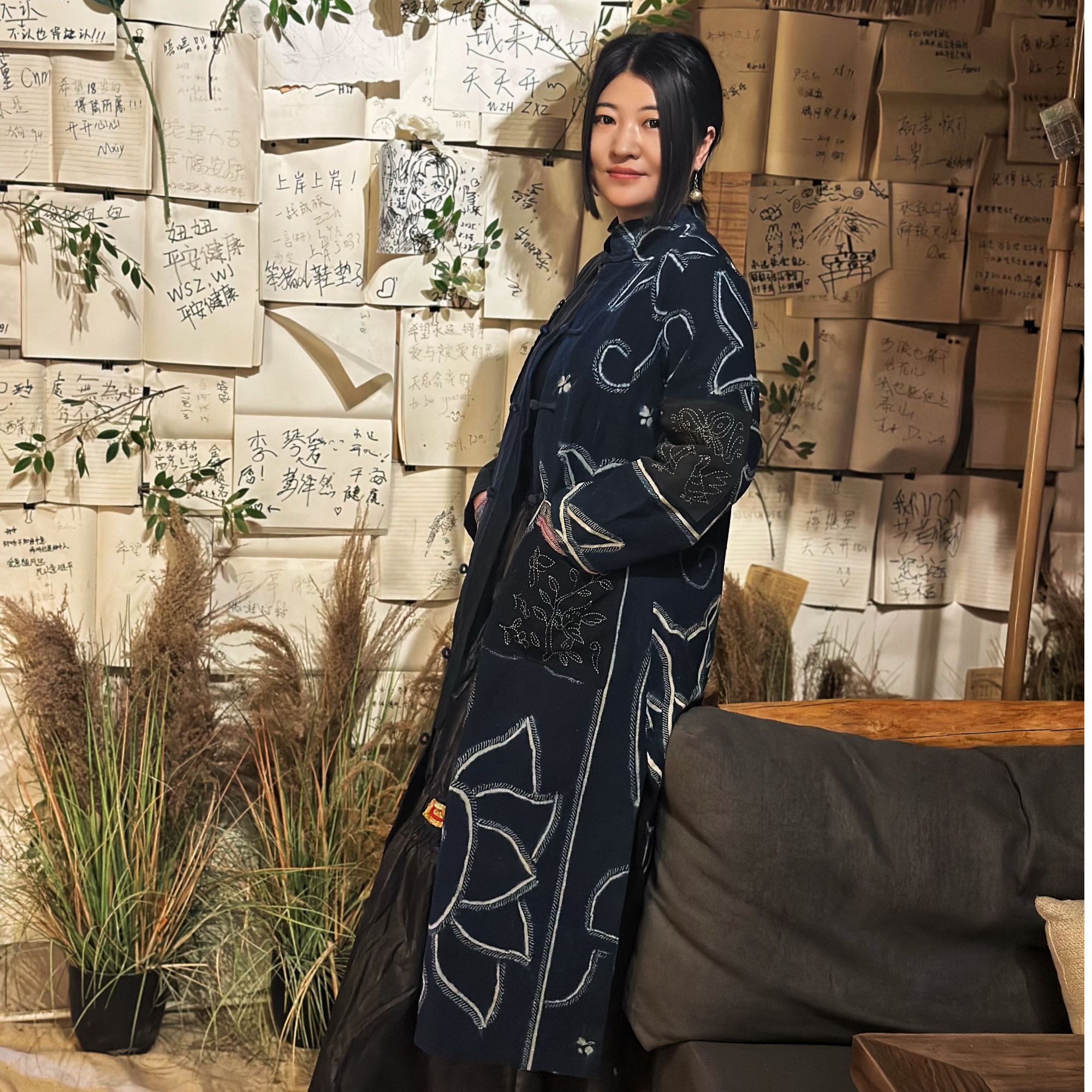 【旧时光】新款重工民族风手工老绣刺绣拼布长款外套土布拼接