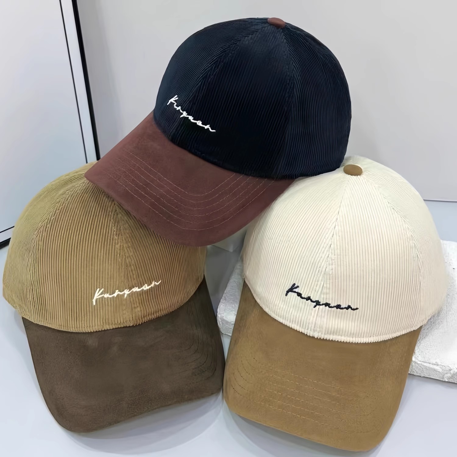 韩版灯芯绒拼色棒球帽男女百搭显瘦刺绣鸭舌帽休闲帽子潮鸭女帽子