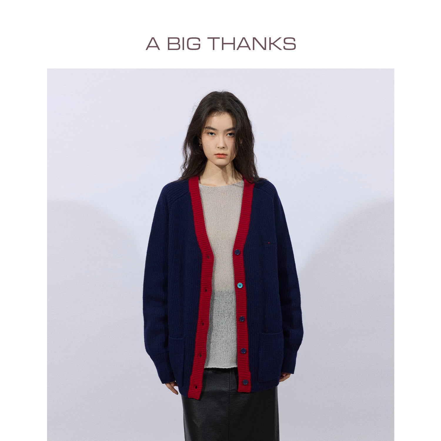 ABIGTHANKS羊毛撞色V领针织衫2025秋季新款毛衣ABT508L13ZZ5092