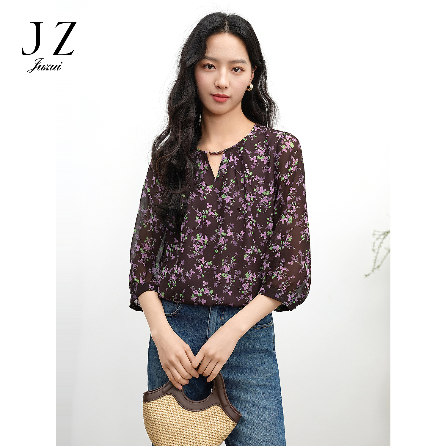 JUZUI玖姿JTFX80303美拉德雪纺印花单上衣女2025夏季新款