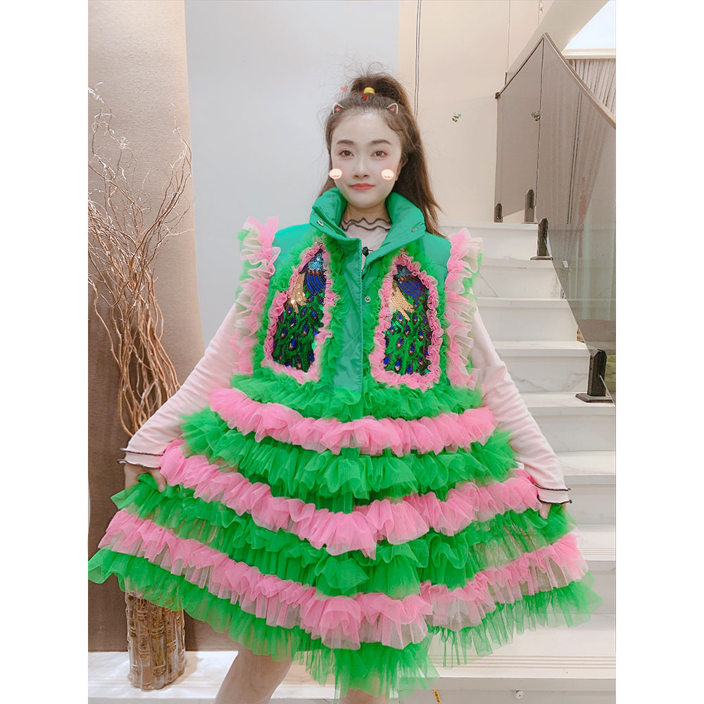 潮牌设计师款孔雀贴布加厚保暖棉服马甲拼接云朵网纱女
