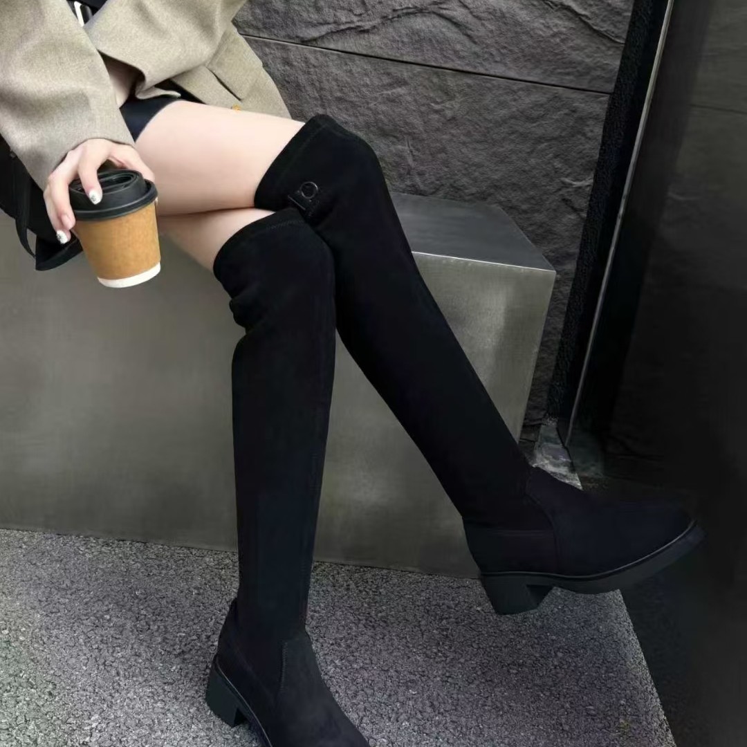 实体店女士弹力靴百搭一脚蹬秋冬筒靴长筒圆头磨砂皮舒适A05-1