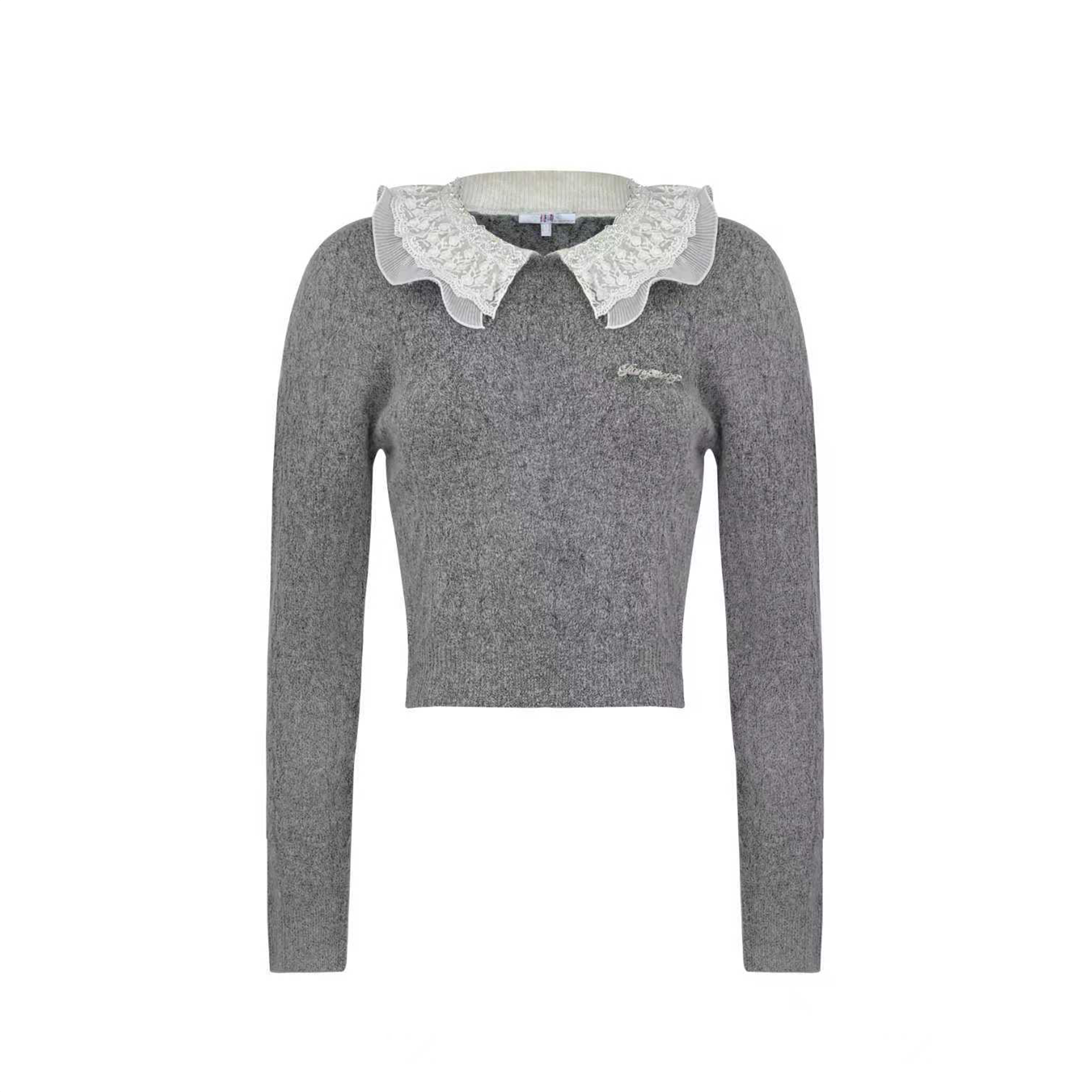 姜穹JIANGQIONG蕾丝压褶花边领毛织短上衣