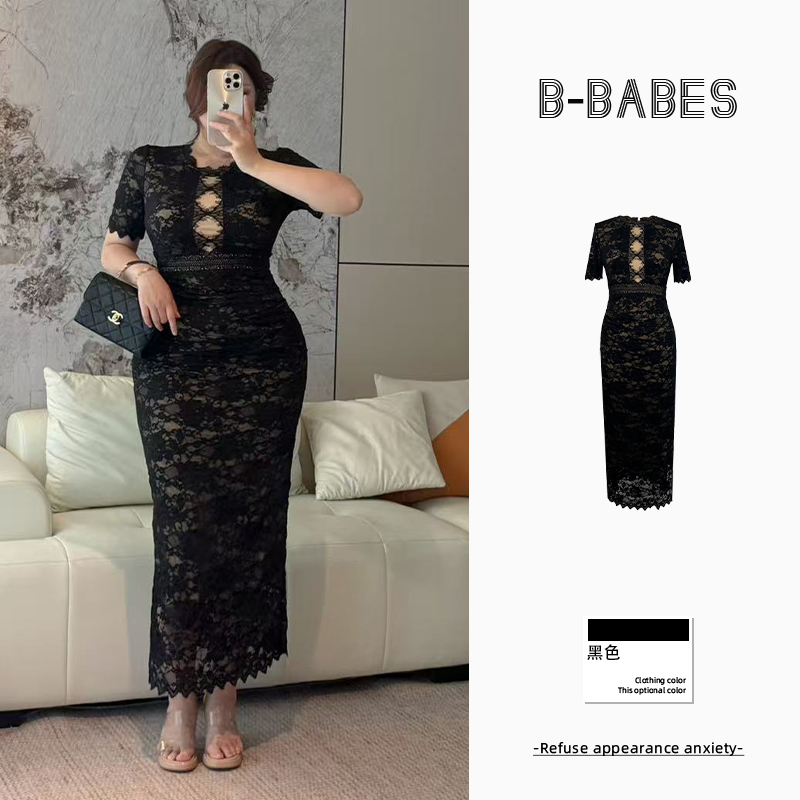 B-babes【遗失的美】黑色镂空蕾丝连衣裙短袖修身纯欲收腰包臀裙子