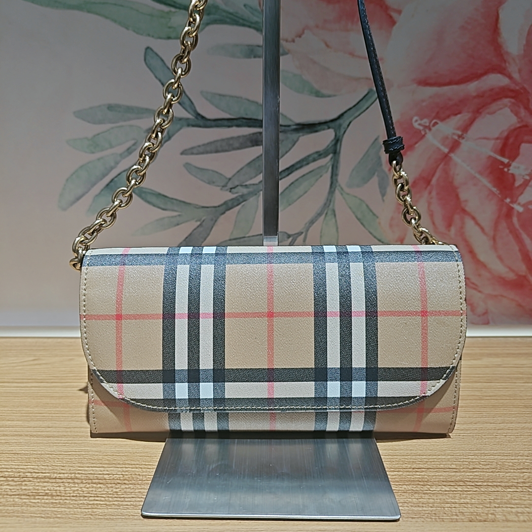 95新 BURBERRY/博柏利 博柏利 条纹链条钱包 底长21 N450