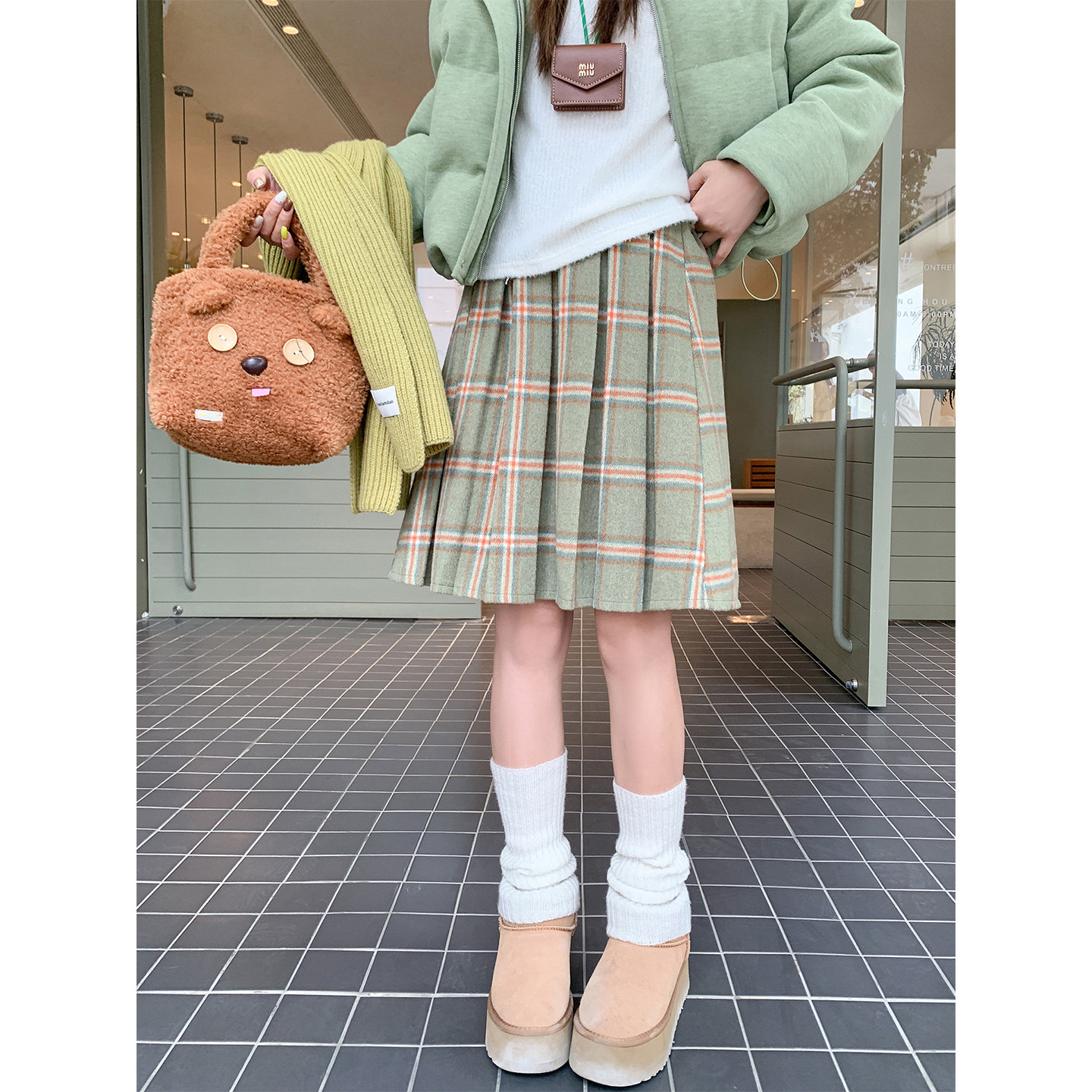 曾小咸 韩系绿色格子百褶裙半身裙女ZA54BSL1183