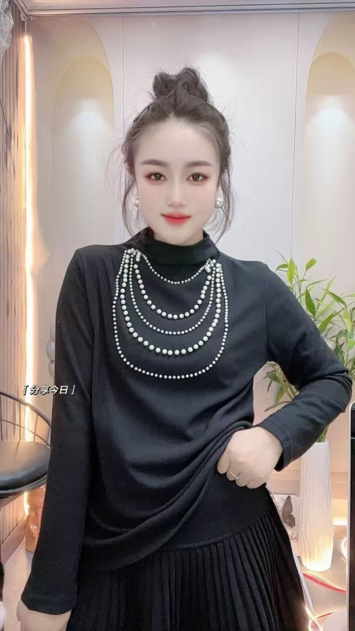 欧货双面磨毛重工钉珠高领打底衫高级感显瘦洋气T恤女潮