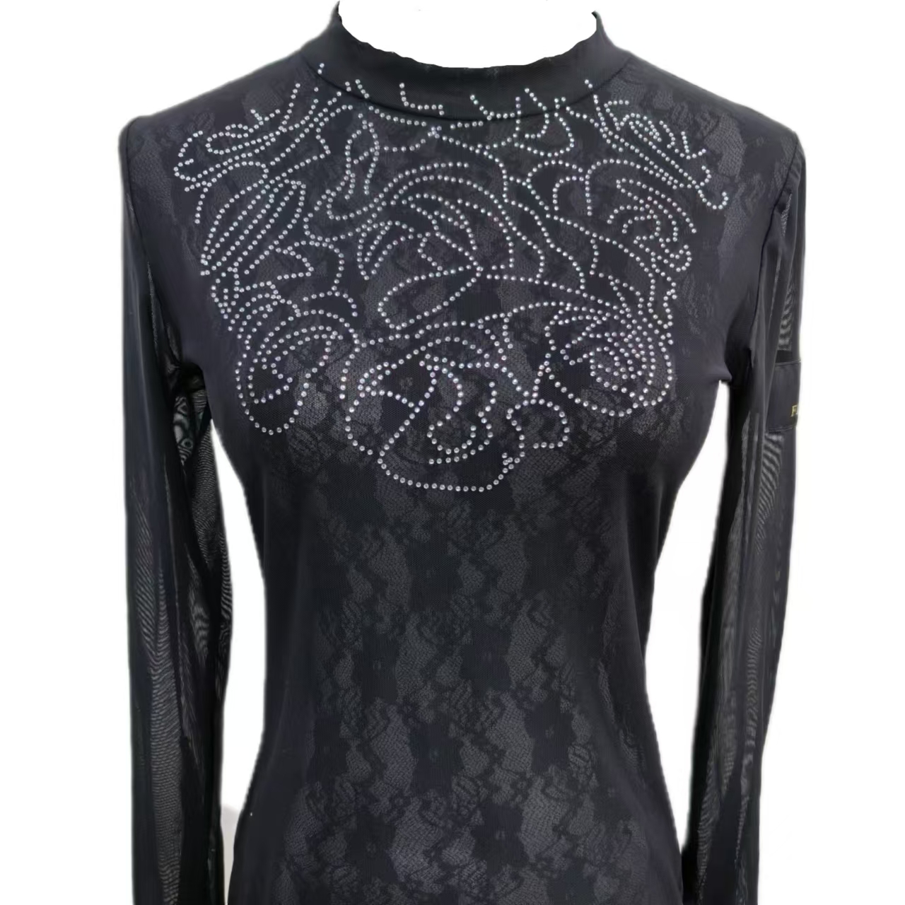 新款时尚气质舞服半高领网纱钻钻拉丁舞三步踩舞服上衣花钻