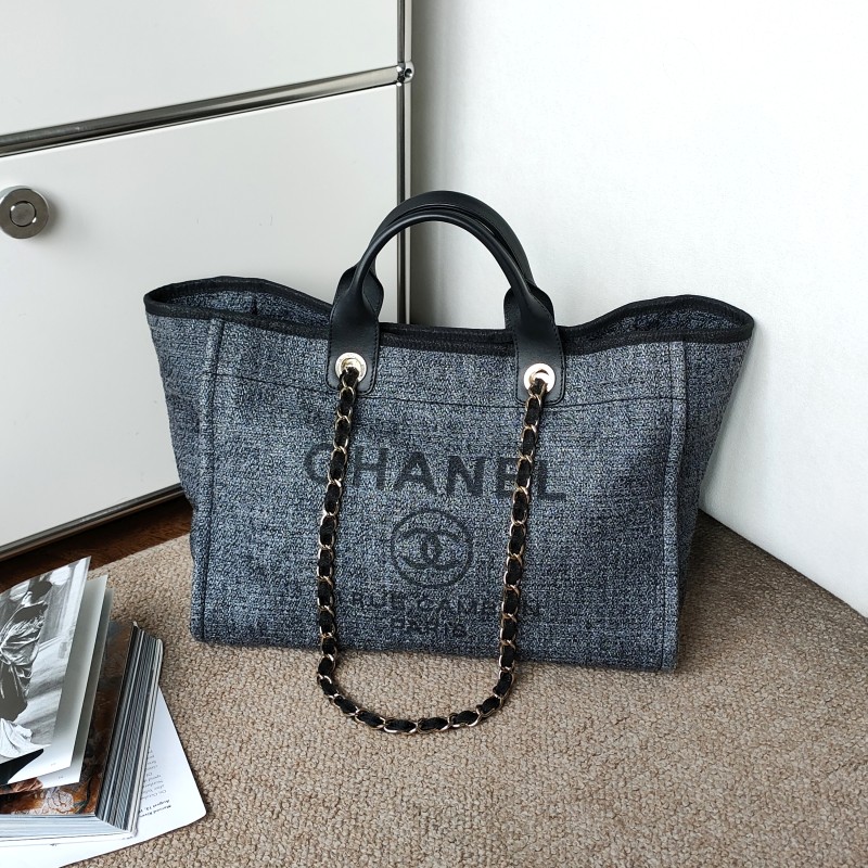 95新 Chanel/香奈儿 Azul-蓝灰色浅金链手柄款中号沙滩包 54169