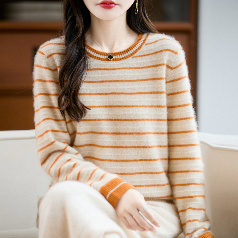荷花羞玉颜~新款圆领条纹长袖套头气质羊毛衫针织衫DMR400