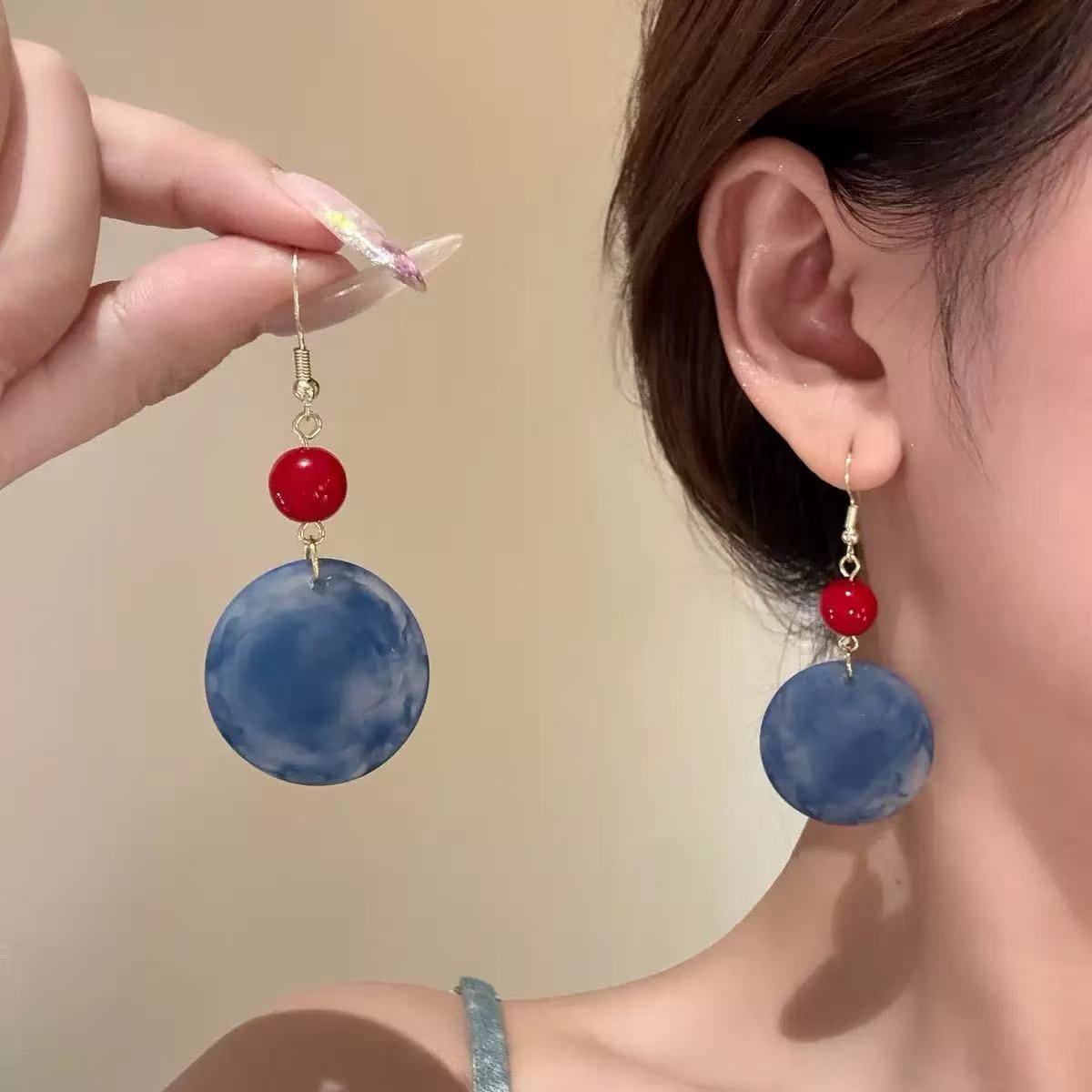 合金耳饰 8513蓝色晕染圆形耳环新中式优雅国风气质耳坠耳饰女H04