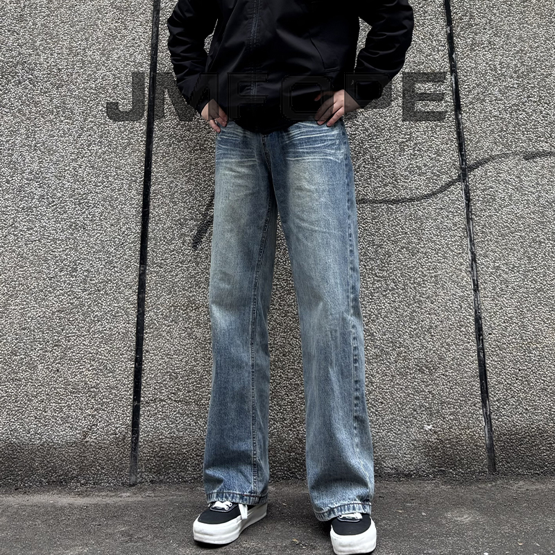 JMFOPE潮流复古猫须直筒牛仔裤美式高街土耳其蓝时尚百搭休闲裤