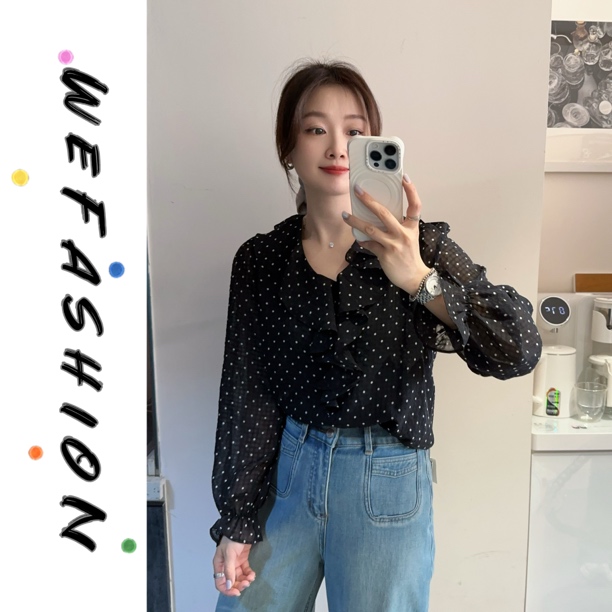 【WE】仙女的标配～法式甜美荷叶边V领波点衬衫