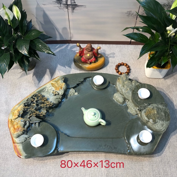 天然端砚石材茶盘 绿端原石山水设计 客厅办公室创意茶具茶台