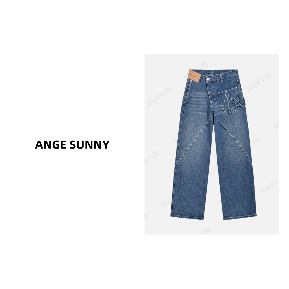 ANGE SUNNY【Lisa同款 不规则牛仔裤】水洗直筒不对称腰头长裤