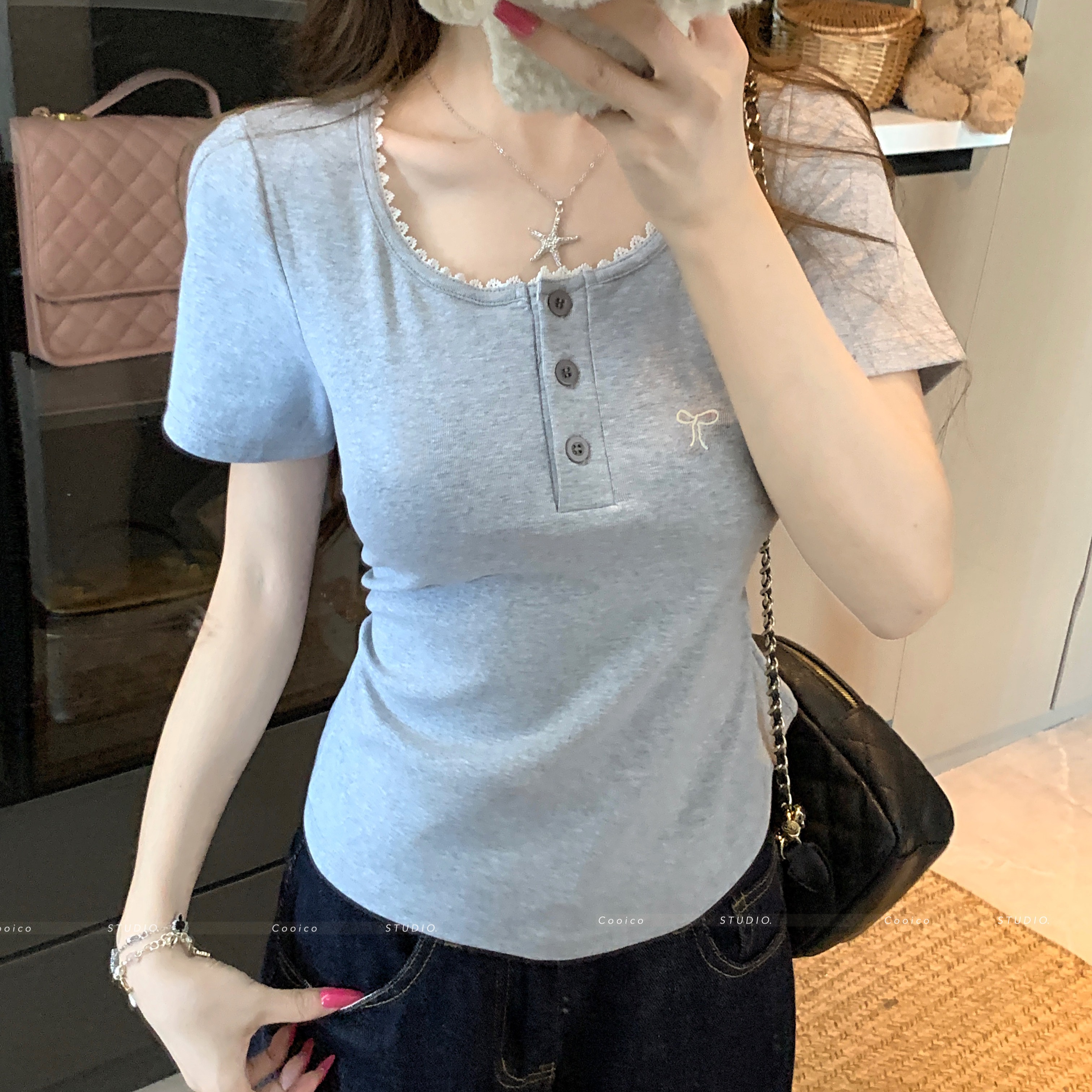 【6653】大码女装短袖夏日正肩t恤衫新款胖mm遮肉显瘦方领半袖上衣