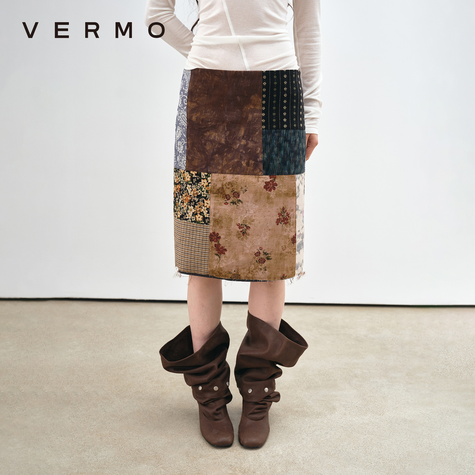 VERMO 记忆碎片模糊重组 复古波嬉拼布低腰直筒开衩半身裙9503